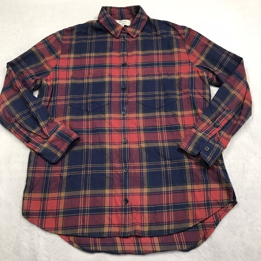 MADEWELL Oversized Flannel Shirt Women XXS Brick Red Blue Plaid Pocket Boyfriend